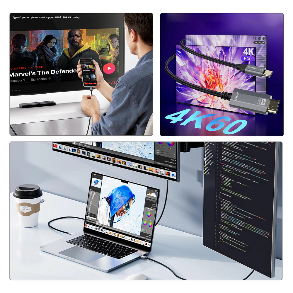 Wozinsky WCCH-01 USB-C - HDMI 4K 60Hz kabelis 1,8m - juodas