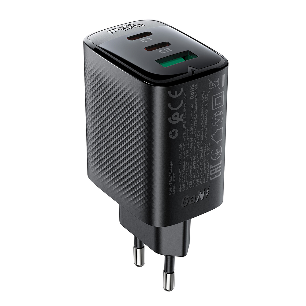 Acefast A108 GaN PD 67W 2xUSB-C 1xUSB-A Sieninis įkroviklis - Juodas