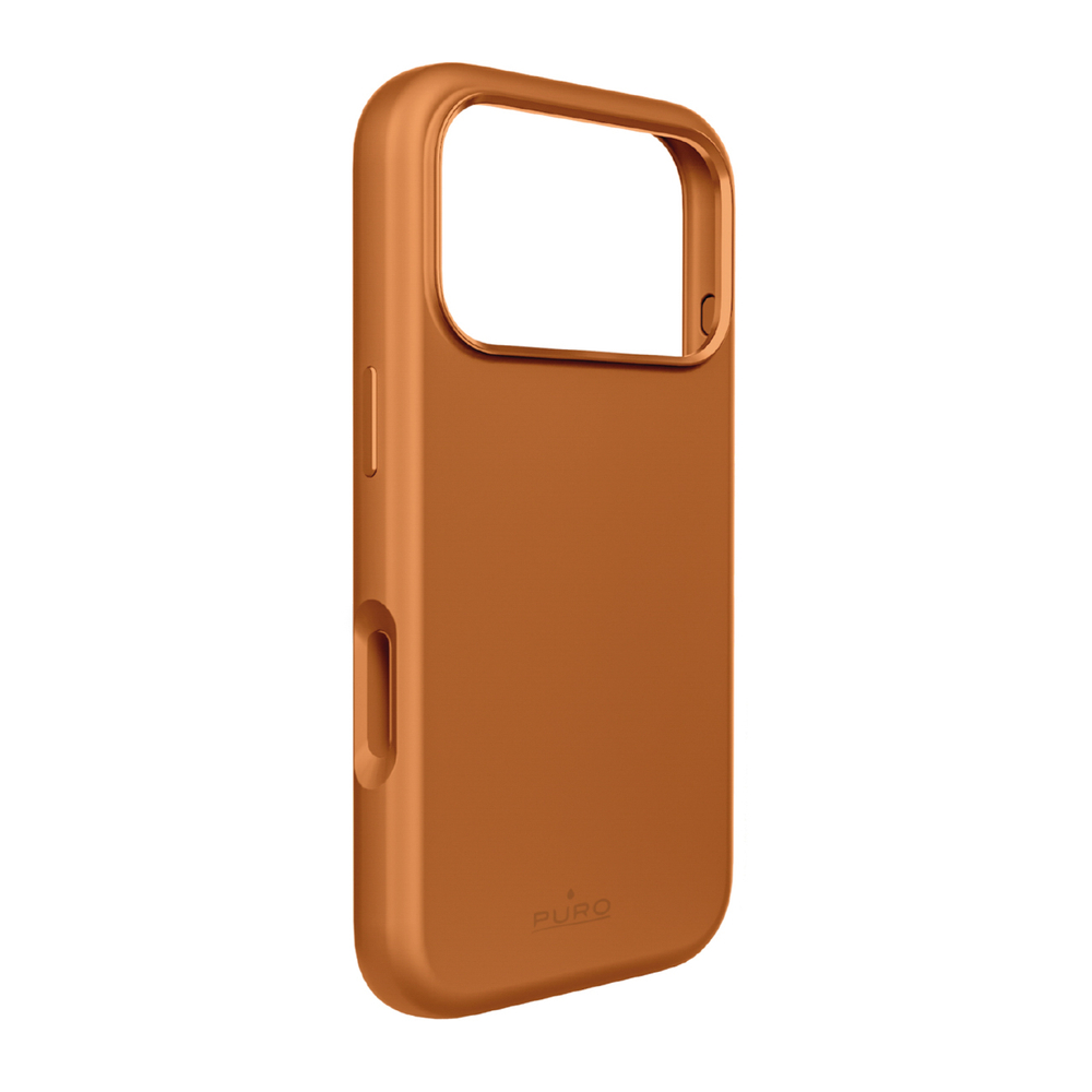 Puro Icon Mag Pro Liquid Silicone Case, skirtas iPhone 17 Pro, MagSafe Suderinamas, su fotoaparato apsauga ir aliuminio mygtukais – oranžinė