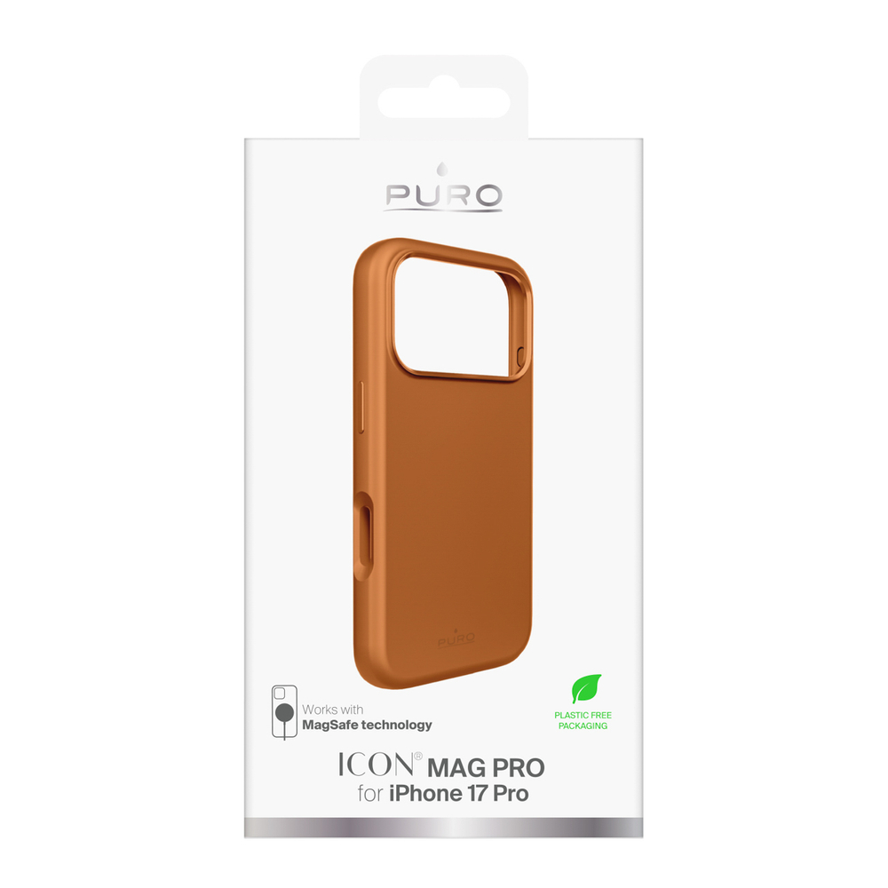 Puro Icon Mag Pro Liquid Silicone Case, skirtas iPhone 17 Pro, MagSafe Suderinamas, su fotoaparato apsauga ir aliuminio mygtukais – oranžinė