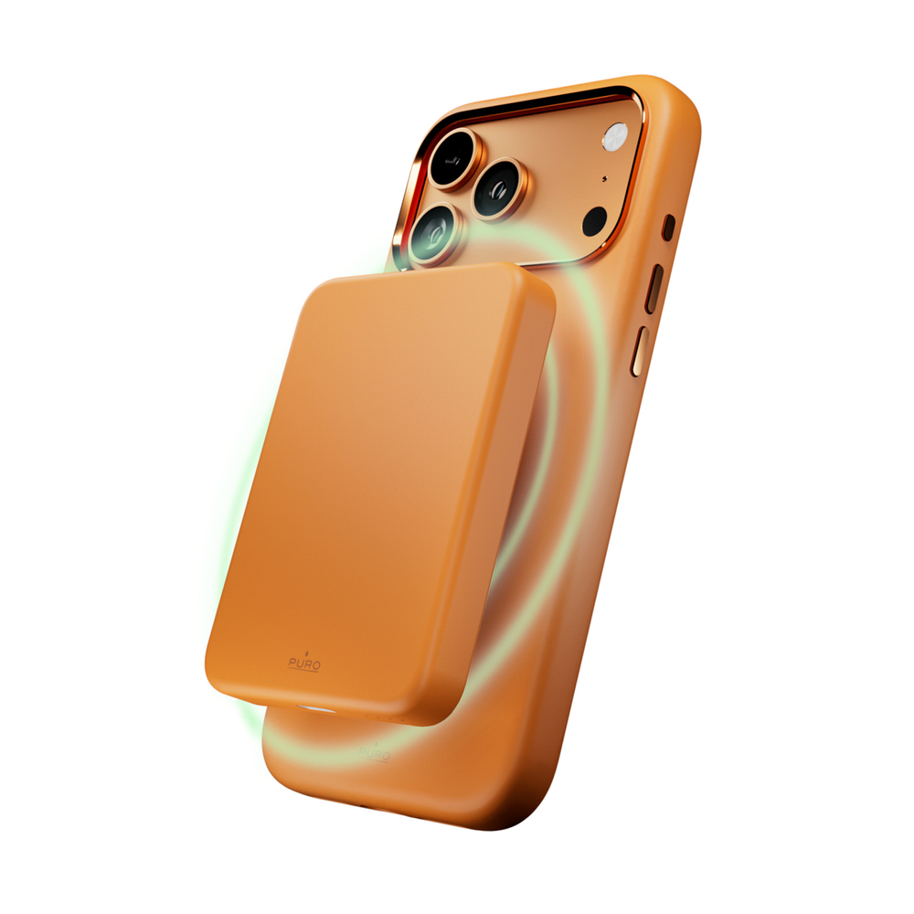 Puro Icon Mag Pro Liquid Silicone Case, skirtas iPhone 17 Pro, MagSafe Suderinamas, su fotoaparato apsauga ir aliuminio mygtukais – oranžinė