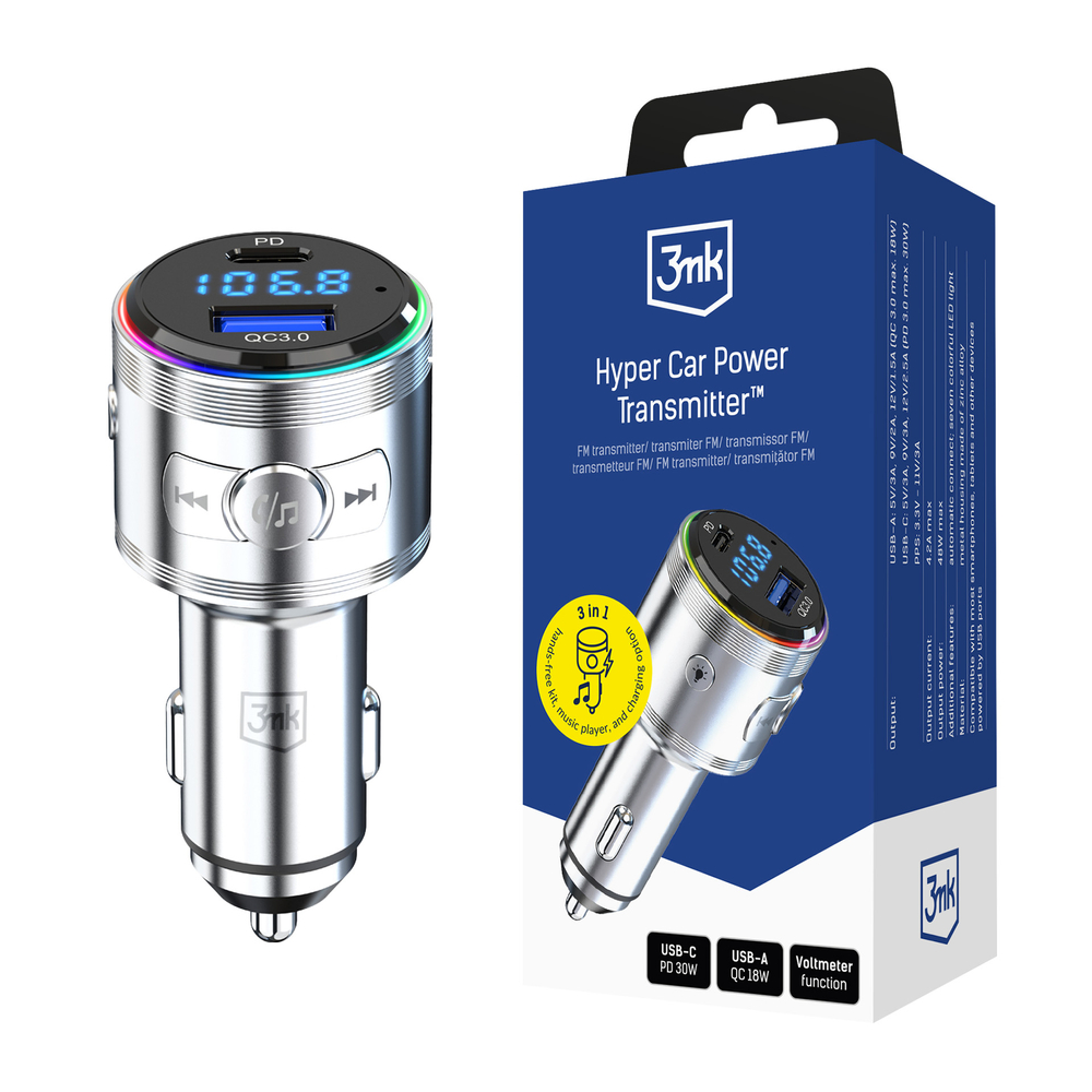 Siųstuvas 3in1 48W QC PD PPS USB-C USB-A 3mk Hyper Car Power siųstuvas