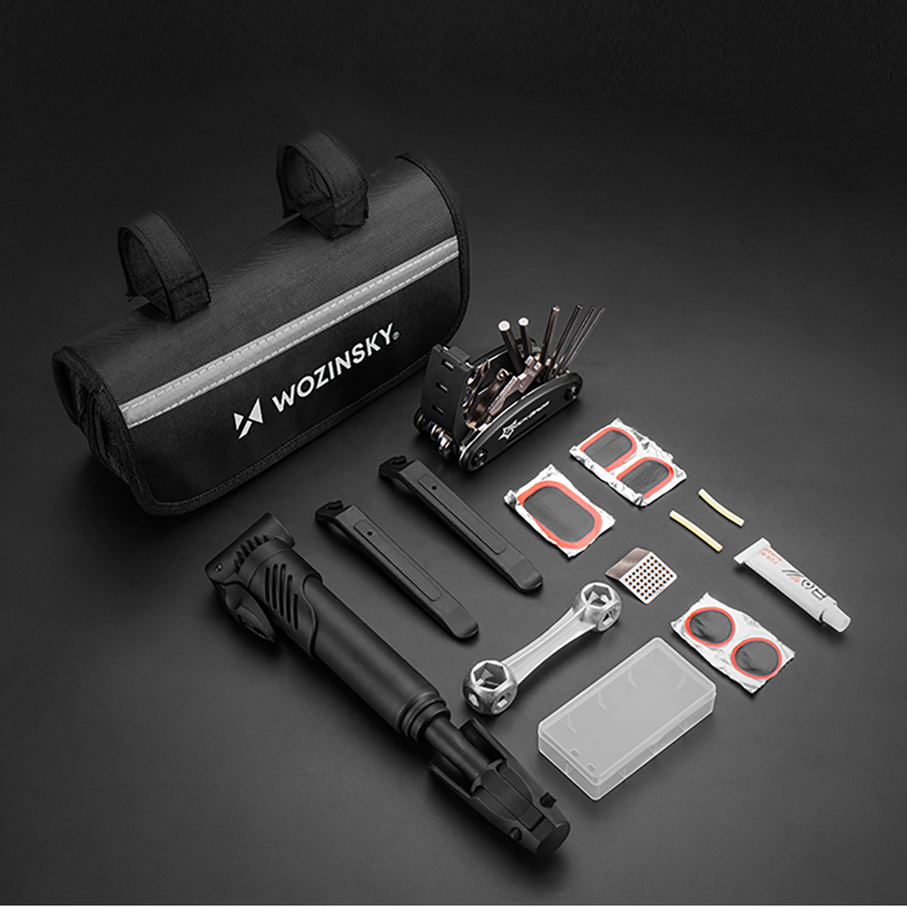 Wozinsky WMZ-01N įrankių komplektas, 16 į 1 dviračio multitool, pompa, raktai, vidinės padangos komplektas - juodas