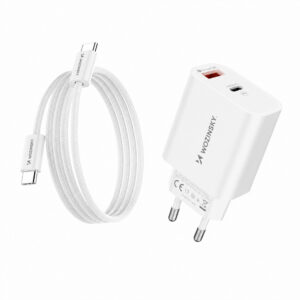Wozinsky WLS-20W 20W USB-A USB-C sieninis įkroviklis su 1m USB-C - USB-C kabeliu - Baltas