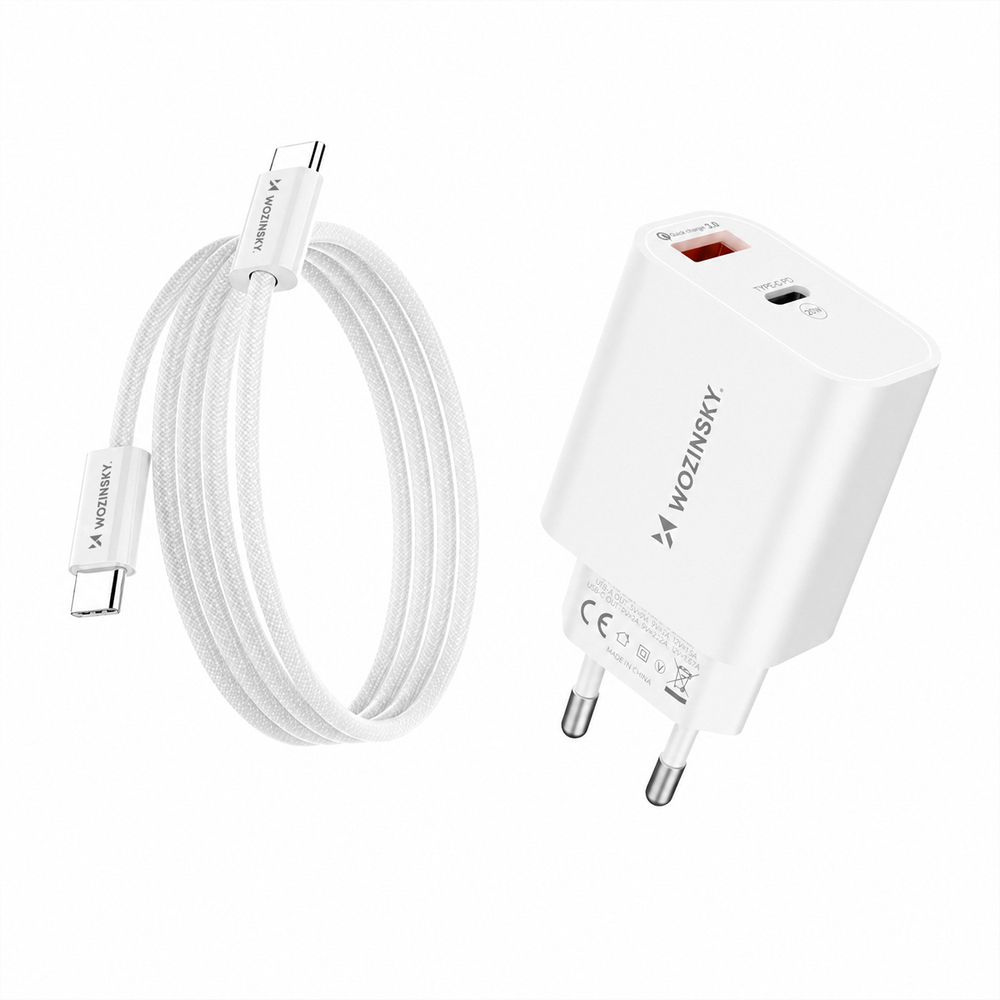 Wozinsky WLS-20W 20W USB-A USB-C sieninis įkroviklis su 1m USB-C - USB-C kabeliu - Baltas