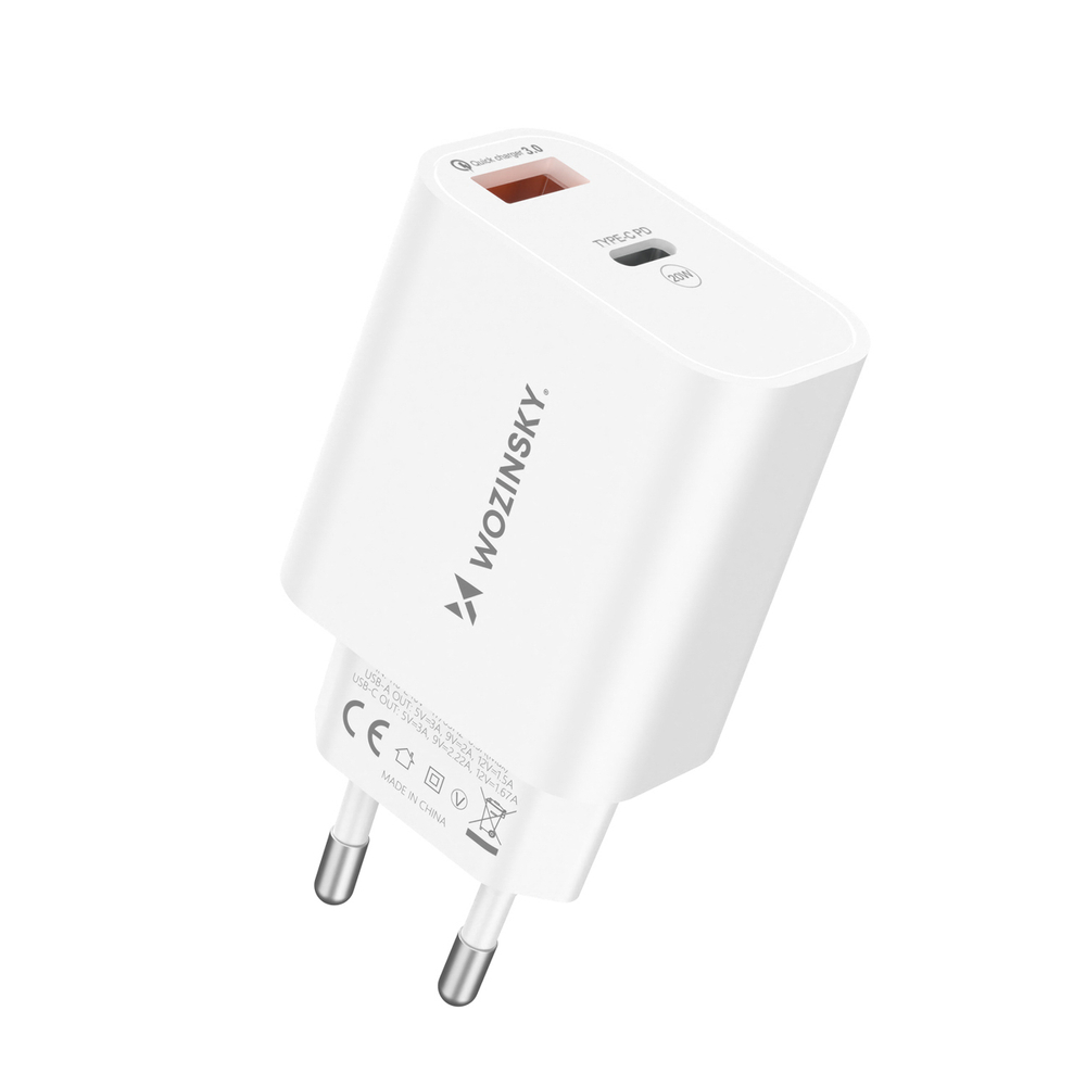 Wozinsky WLS-20W 20W USB-A USB-C sieninis įkroviklis su 1m USB-C - USB-C kabeliu - Baltas