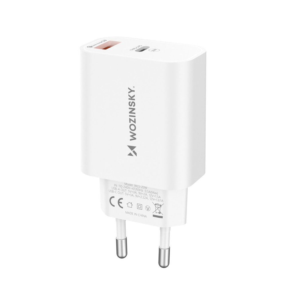 Wozinsky WLS-20W 20W USB-A USB-C sieninis įkroviklis su 1m USB-C - USB-C kabeliu - Baltas
