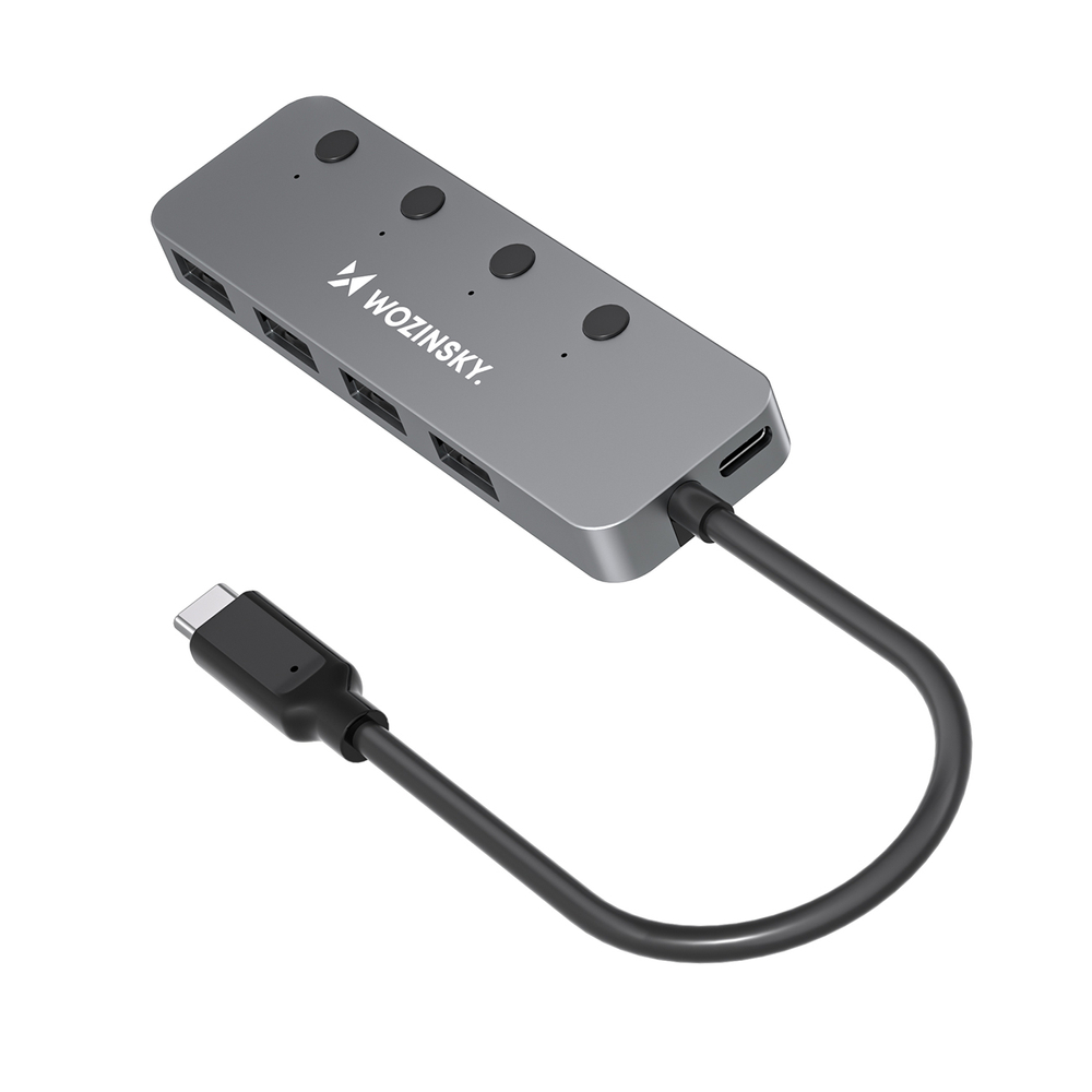 Šakotuvas Wozinsky WHS080YSS 4 x USB-A 3.0 aliuminio korpusu su atskirais jungikliais ir 15 cm USB-C kabeliu - pilkas