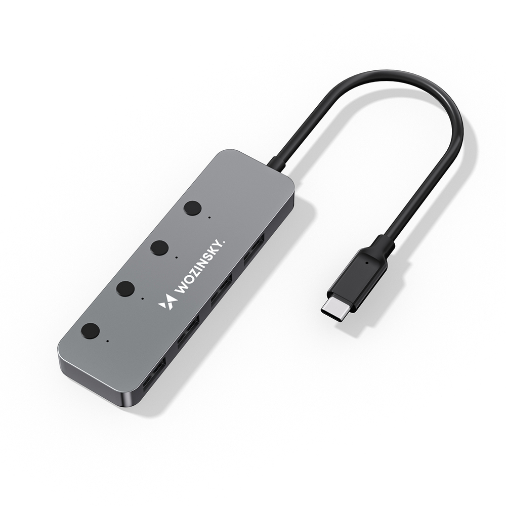 Šakotuvas Wozinsky WHS080YSS 4 x USB-A 3.0 aliuminio korpusu su atskirais jungikliais ir 15 cm USB-C kabeliu - pilkas