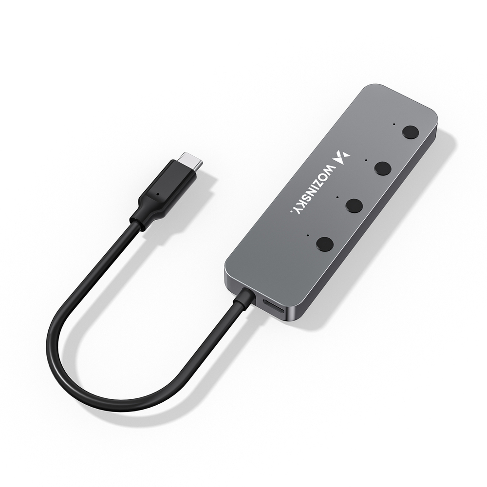 Šakotuvas Wozinsky WHS080YSS 4 x USB-A 3.0 aliuminio korpusu su atskirais jungikliais ir 15 cm USB-C kabeliu - pilkas