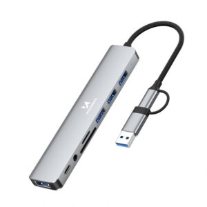 Šakotuvas Wozinsky WAH-81 8-in-1 su USB 3.0, SD kortelių skaitytuvu ir garso išvestimi - pilkas
