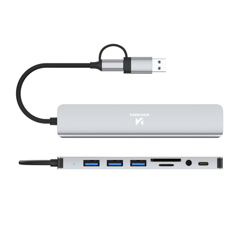 Šakotuvas Wozinsky WAH-81 8-in-1 su USB 3.0, SD kortelių skaitytuvu ir garso išvestimi - pilkas