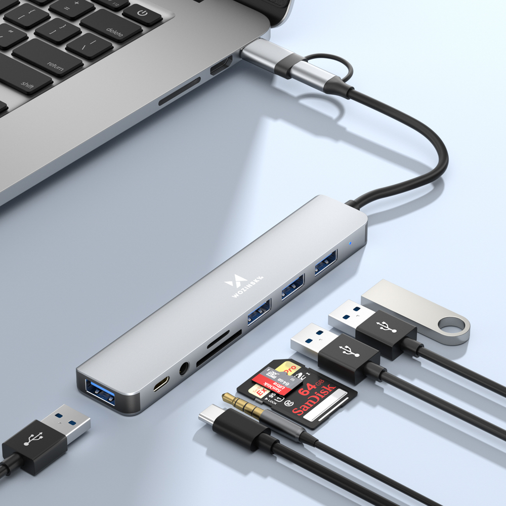 Šakotuvas Wozinsky WAH-81 8-in-1 su USB 3.0, SD kortelių skaitytuvu ir garso išvestimi - pilkas
