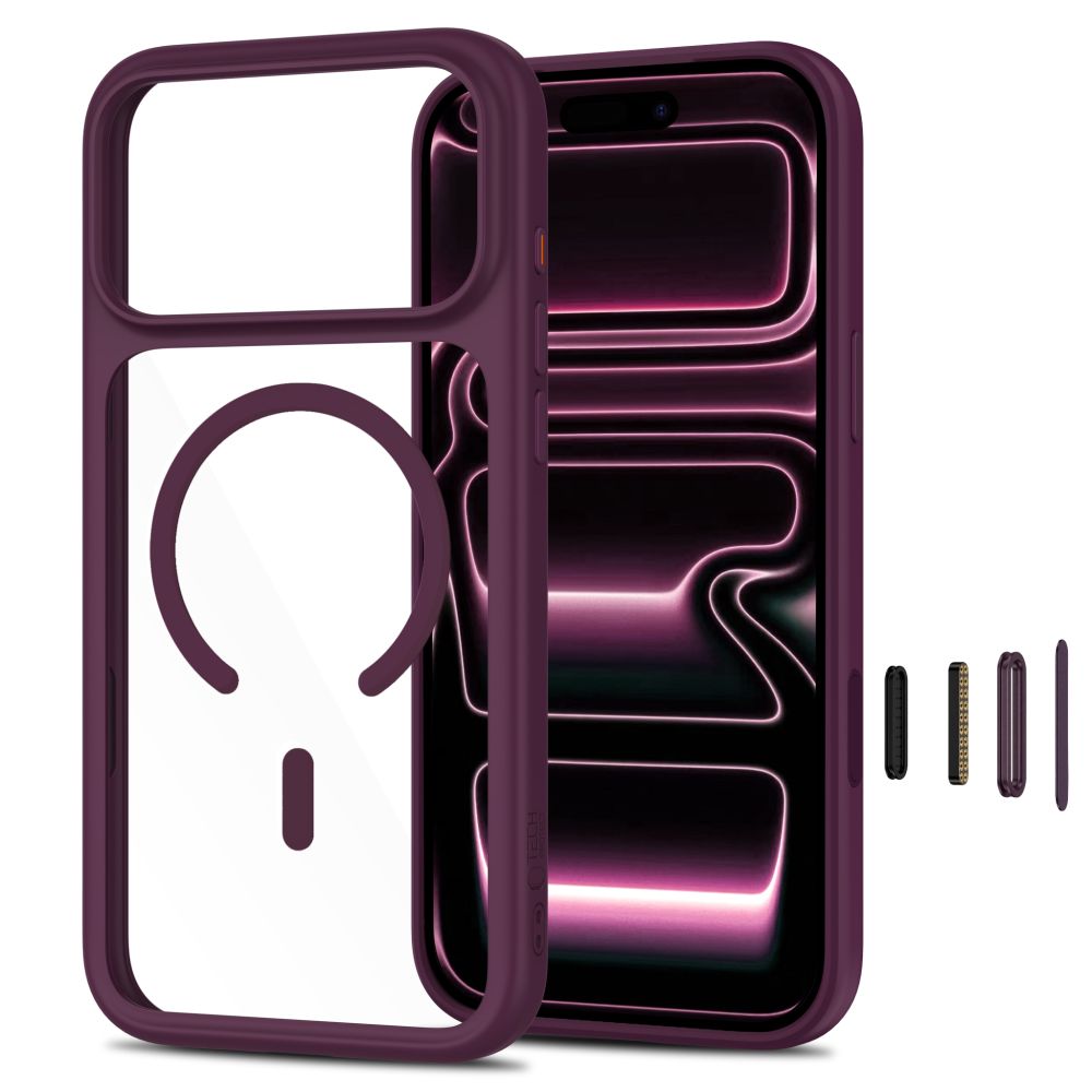 Tech-Protect MagOne CC MagSafe dėklas + grūdintasis stiklas 2-pak iPhone 18 Pro / 17 Pro - skaidri burgundo